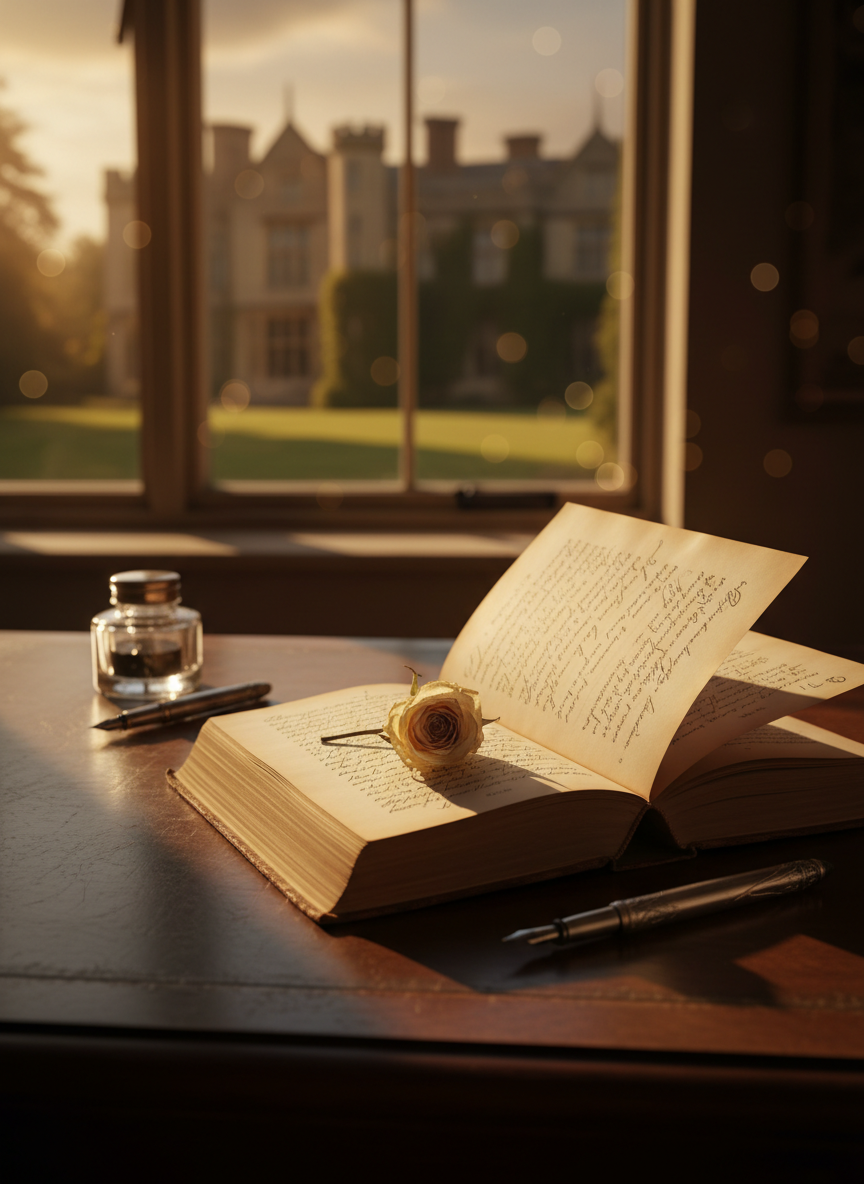 A weathered leather-bound novel titled “The Ashford Saga” resting open on a dark walnut writing desk, its cream pages filled with elegant, looping script and a pressed white rose between the chapters. Behind it, a tall mullioned window reveals the blurred outline of an old English estate at dusk. Golden hour light pours in, catching the gentle curl of the pages and casting long, refined shadows across an ink bottle and silver fountain pen. Photographic realism, eye-level composition with a shallow depth of field keeps the book in sharp focus while the background softens into romantic bokeh. The mood is sophisticated, wistful, and quietly intense, capturing the intersection of love and duty through carefully curated objects.