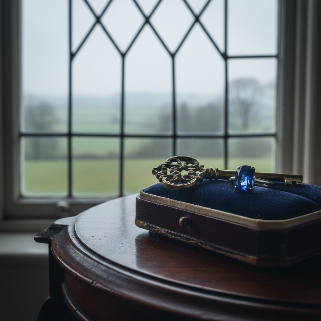 An ornate brass key and a delicate sapphire ring placed together on an antique velvet-lined jewelry box, its deep navy fabric slightly worn at the corners. They rest on a carved mahogany side table beside a tall leaded-glass window overlooking a misty countryside estate. Soft overcast daylight filters through, creating cool, diffused illumination that glints off the sapphire and traces the contours of the key’s intricate filigree. Photographic realism with a close-up, slightly angled shot emphasizes texture and detail, while the distant estate remains softly blurred. The atmosphere is elegant, secretive, and charged with unspoken promises, suggesting a pivotal choice between obligation and desire within a refined, historical romance setting.
